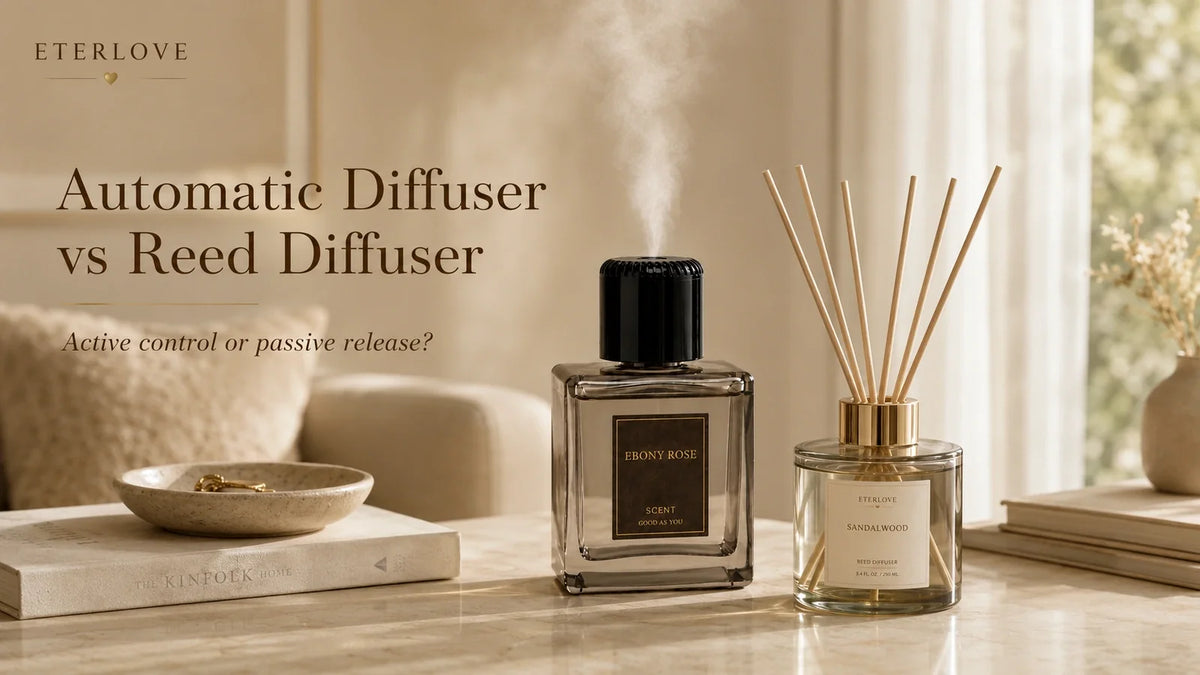 EterLove Plume Automatic Scent Diffuser compared with a reed diffuser in a warm home interior