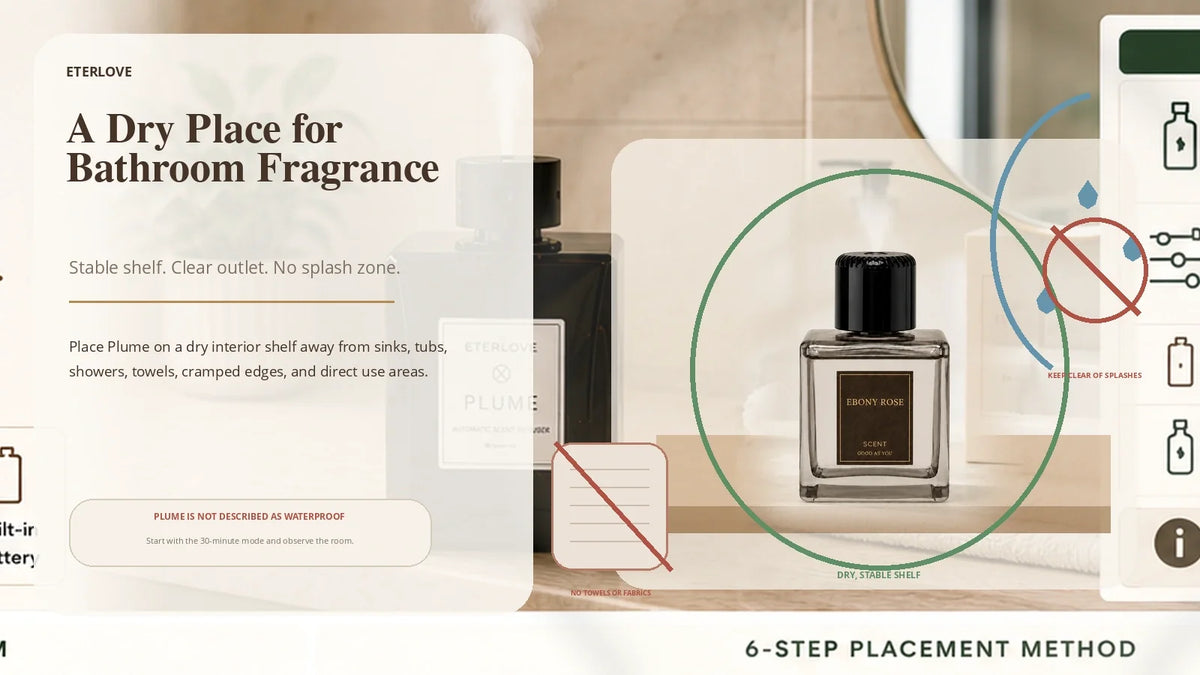 EterLove Plume Automatic Scent Diffuser placed on a dry bathroom shelf away from sinks, splashes, and towels