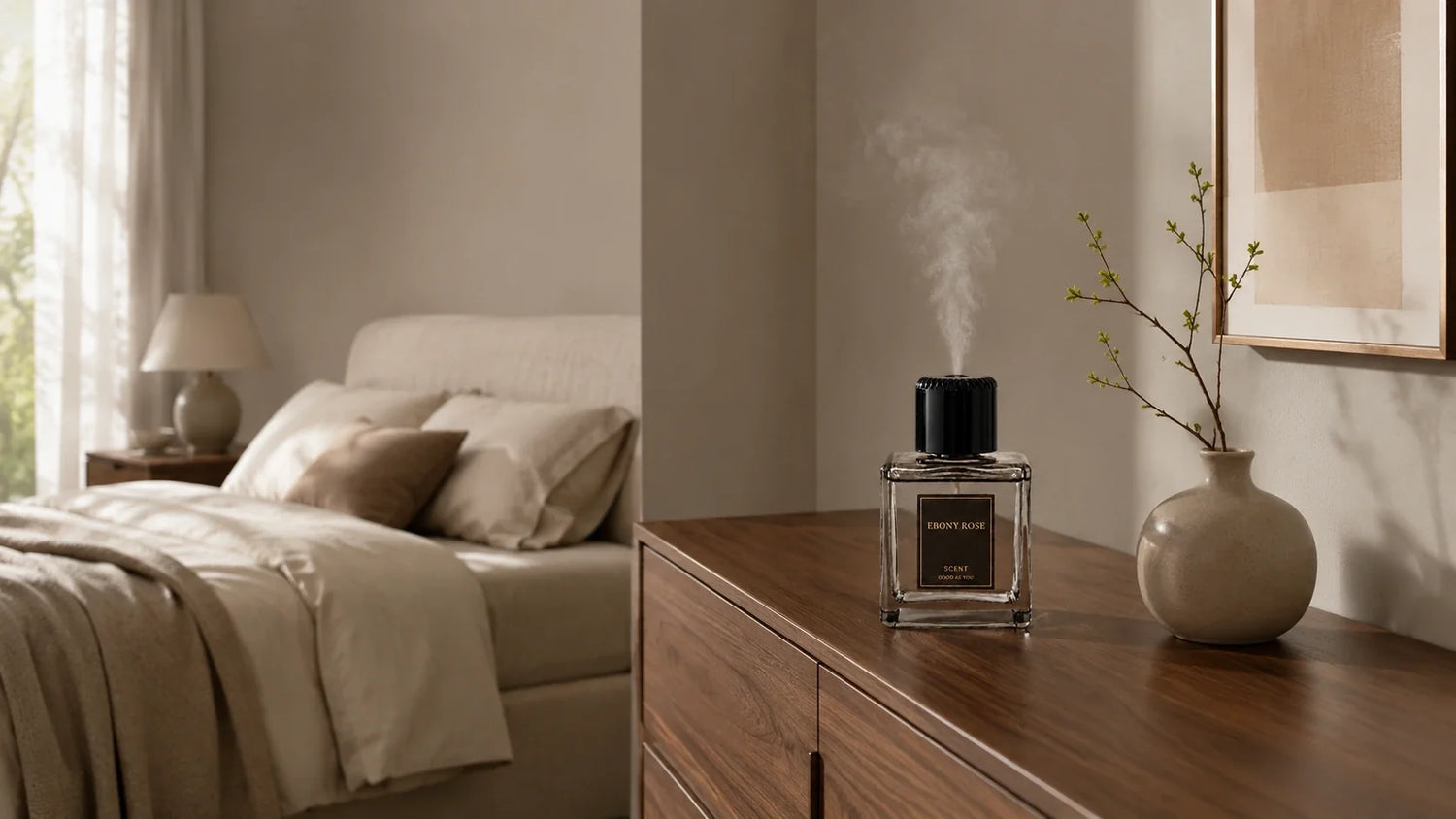 EterLove Plume scent diffuser placed on a stable bedroom dresser away from the bed