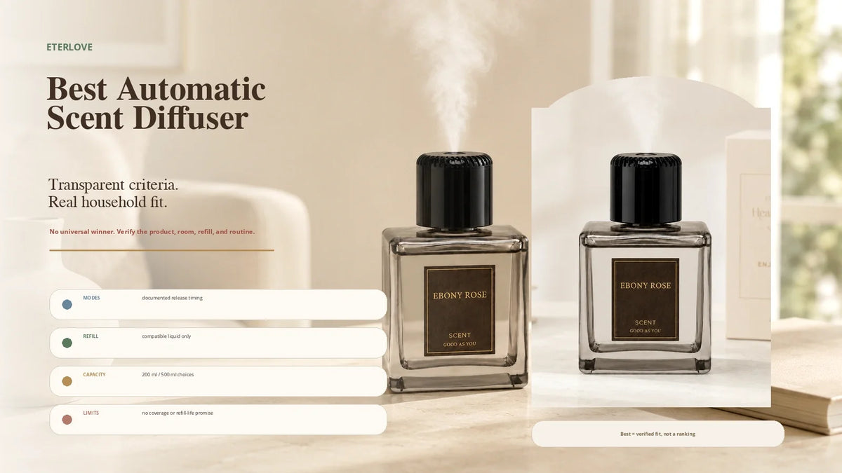EterLove Plume Automatic Scent Diffuser in a warm home setting with guidance for choosing the best automatic scent diffuser by documented modes, compatible refill, capacity, placement and household fit