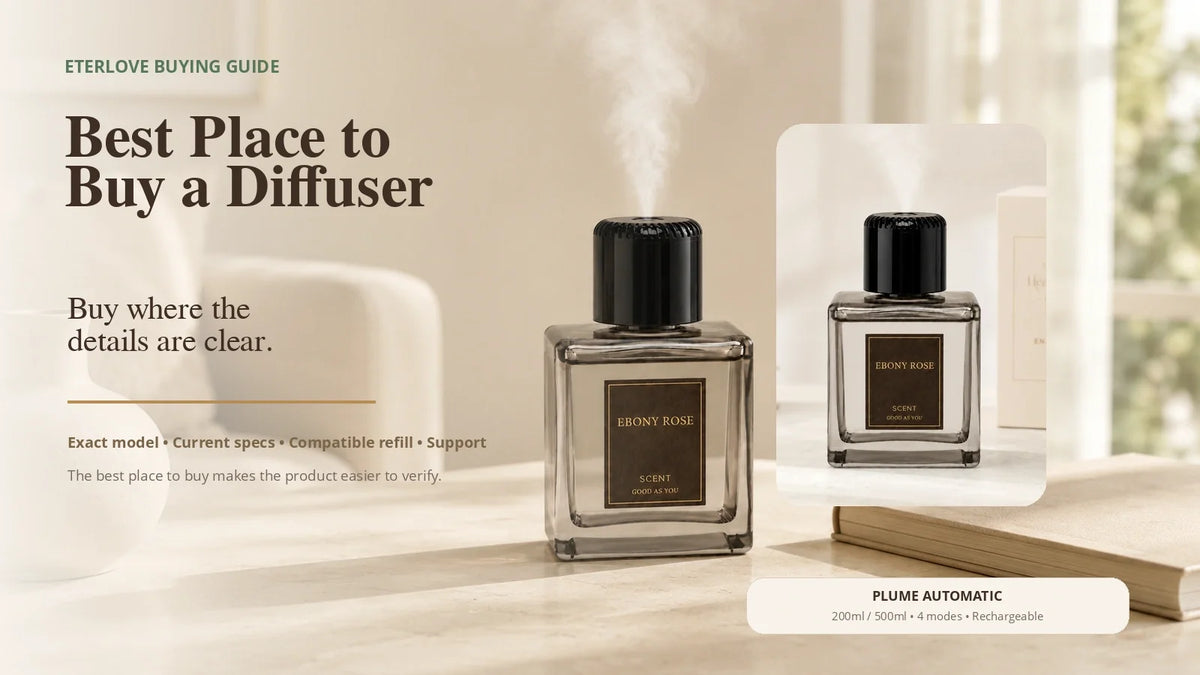 EterLove Plume Automatic Scent Diffuser in a warm home setting for a buying guide about choosing where to buy a diffuser based on clear product information, compatibility and support