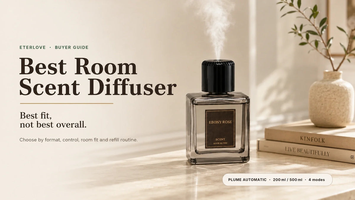 Best room scent diffuser buying guide featuring the EterLove Plume Automatic Scent Diffuser in a warm modern home interior.