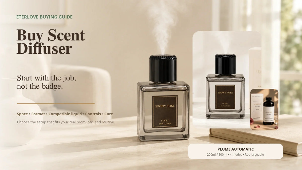 EterLove Plume Automatic Scent Diffuser in a warm home setting for a buying guide focused on space, diffuser format, compatible fragrance liquid, controls and care