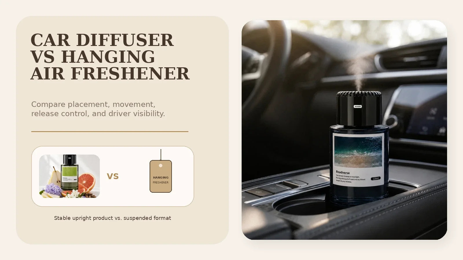 EterLove Plume Car 120ml scent diffuser compared with a hanging car air freshener