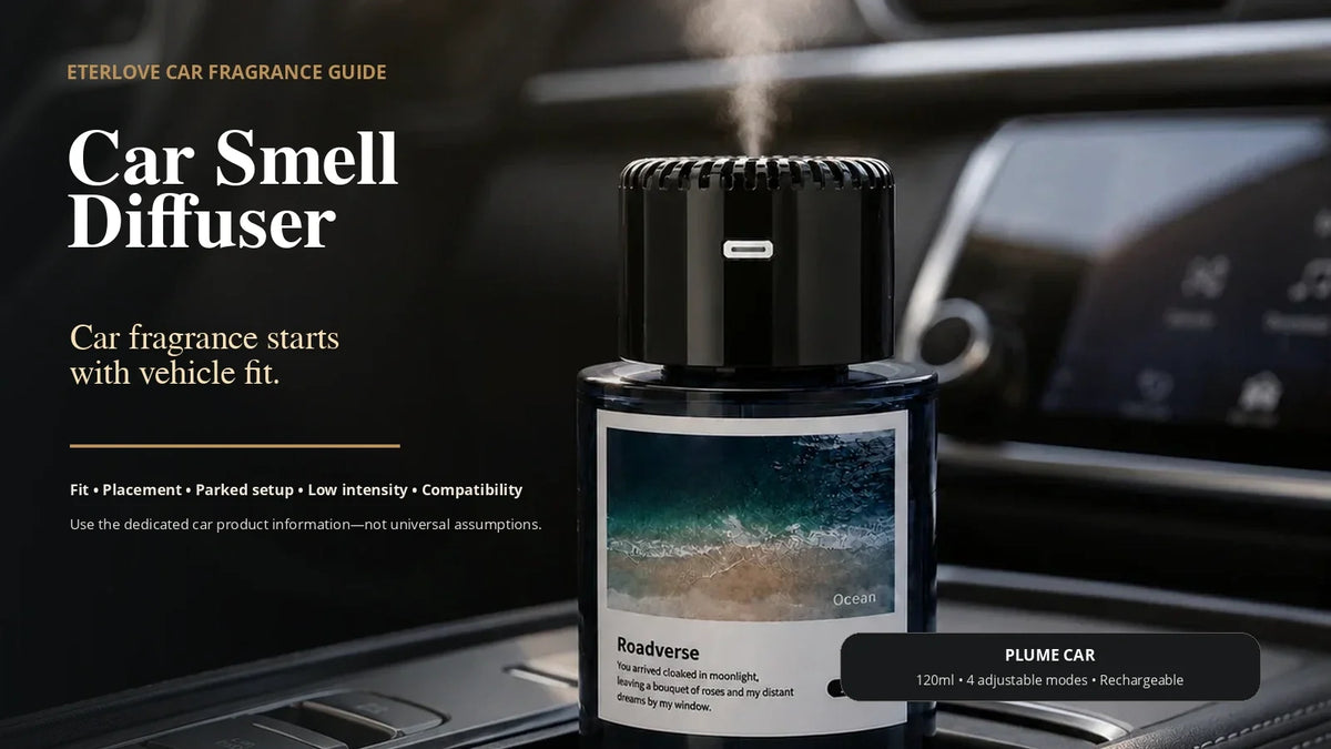 EterLove Plume Car scent diffuser in a vehicle interior for a guide about car fragrance fit, secure placement, parked setup, restrained scent level and liquid compatibility