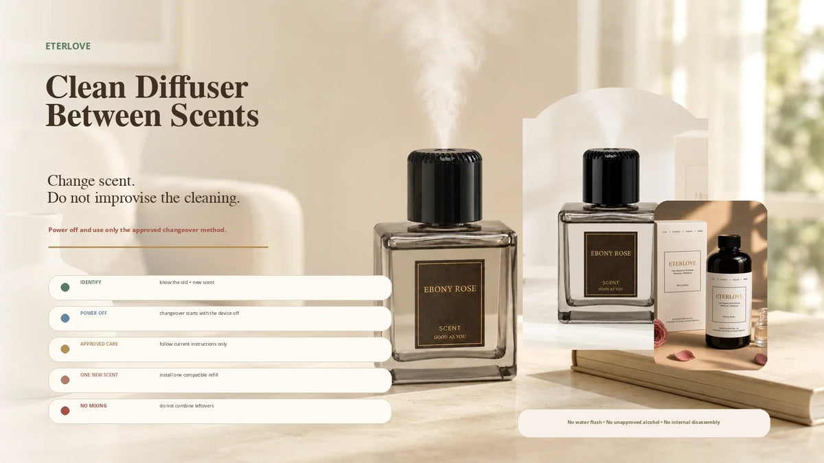 EterLove Plume Automatic Scent Diffuser with compatible 500ml fragrance refill in a warm home setting, explaining an approved scent changeover without water, unapproved alcohol, solvent mixing or internal disassembly