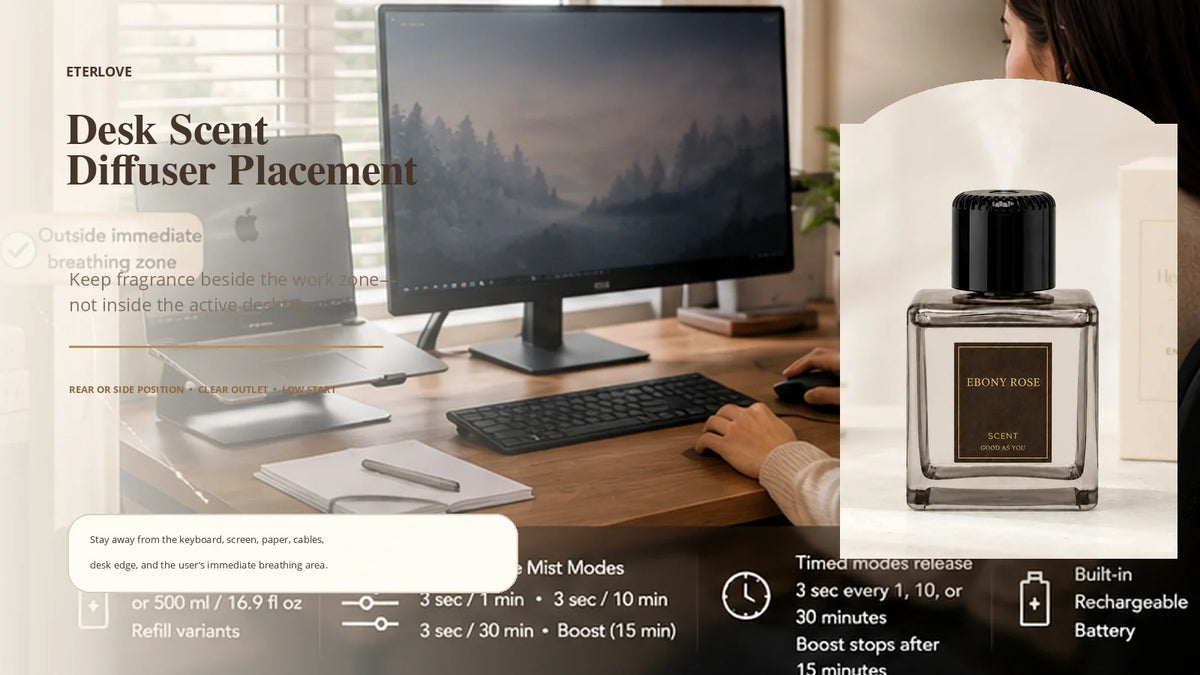 EterLove Plume Automatic Scent Diffuser positioned beside a refined home desk workspace away from electronics and the immediate breathing area