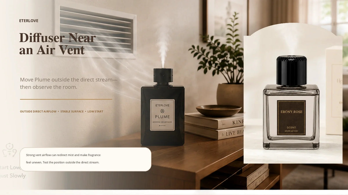 EterLove Plume Automatic Scent Diffuser positioned outside the direct airflow of a home air vent