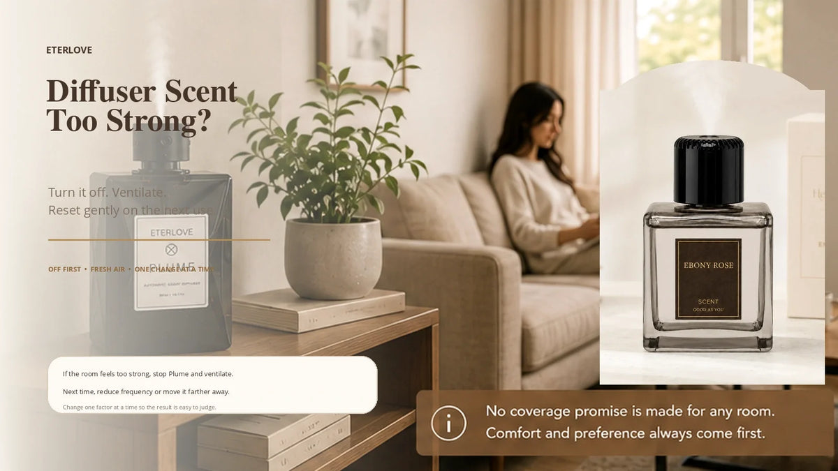 EterLove Plume Automatic Scent Diffuser in a warm living space with guidance to turn it off and ventilate when fragrance feels too strong