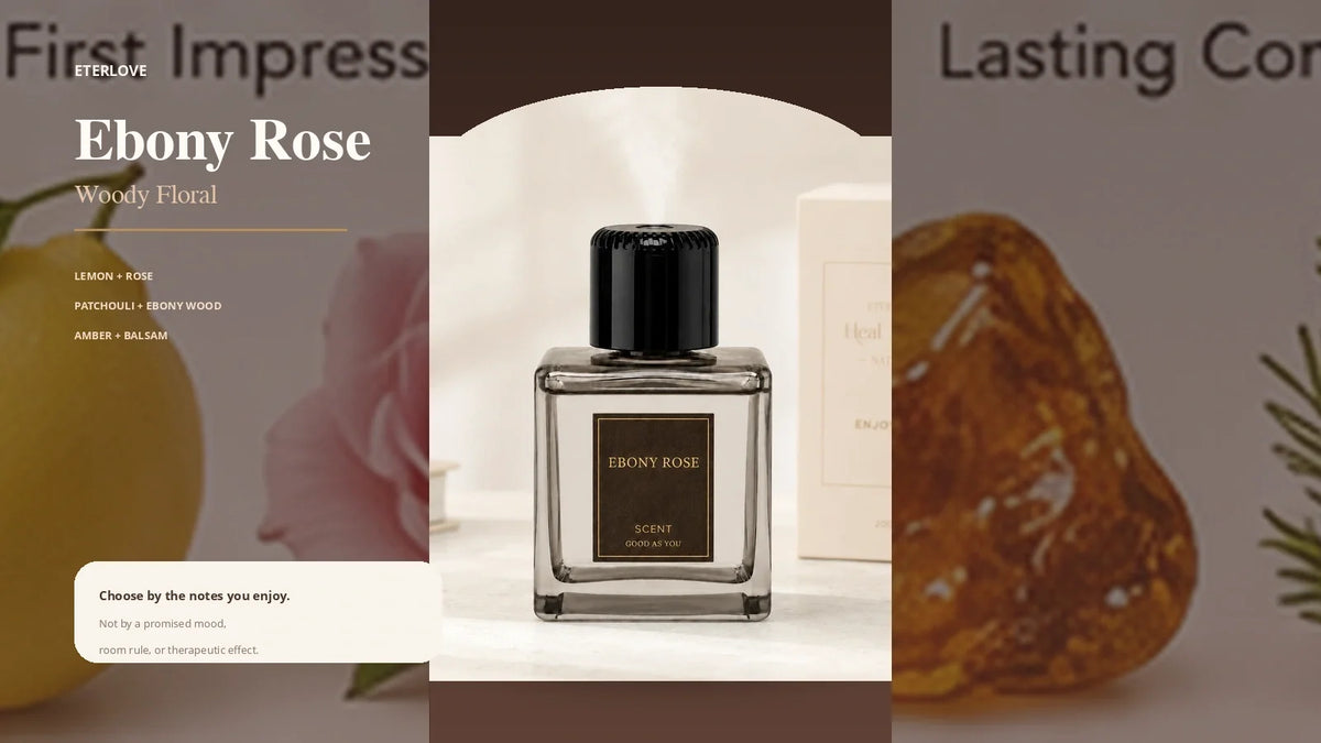 EterLove Ebony Rose Plume Automatic Scent Diffuser with lemon, rose, woody and amber fragrance notes