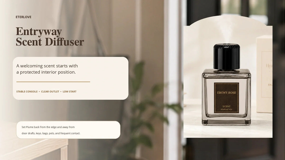 EterLove Plume Automatic Scent Diffuser presented beside a warm home entryway with protected placement guidance
