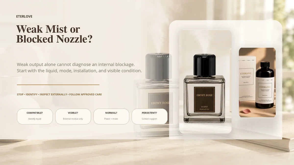 EterLove Plume Automatic Scent Diffuser and compatible refill with safe weak-mist troubleshooting guidance