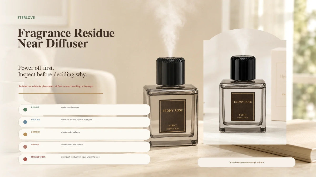 EterLove Plume Automatic Scent Diffuser in a warm home setting with guidance for checking fragrance residue by upright placement, open outlet space, wall distance, airflow and signs of leakage