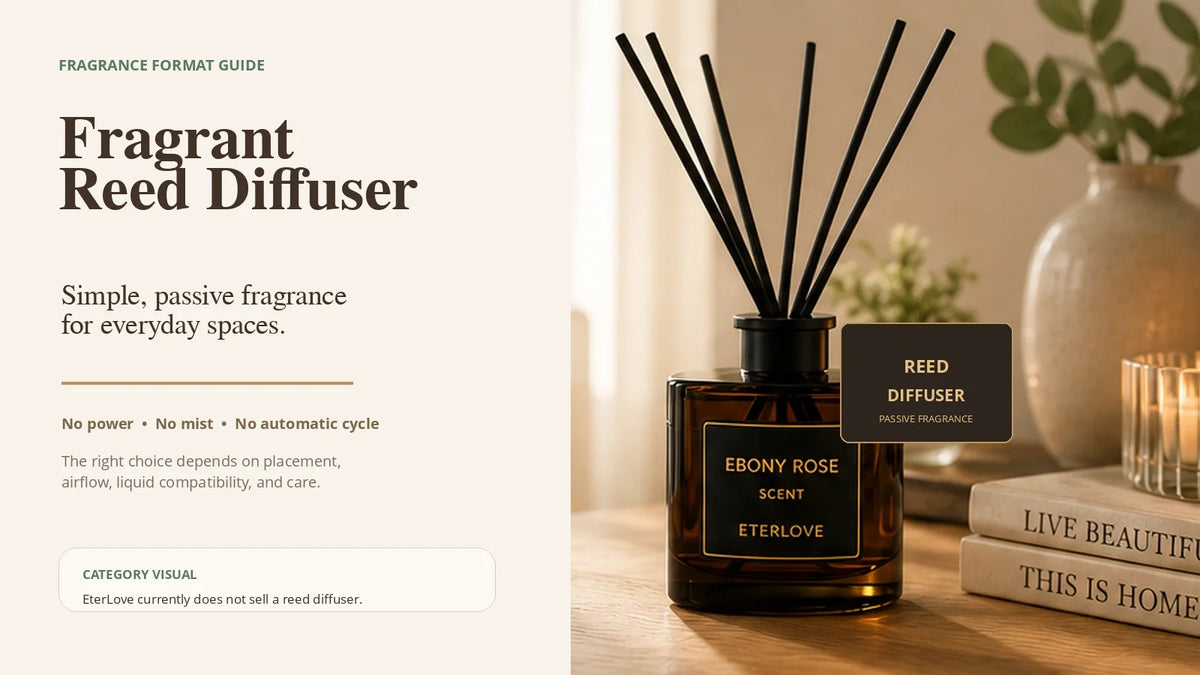 Unbranded fragrant reed diffuser in a warm minimalist home setting, illustrating passive fragrance release, placement, airflow, liquid compatibility and care