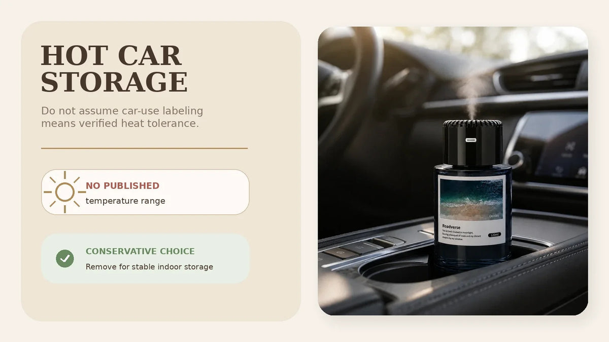 EterLove Plume Car Scent Diffuser in a vehicle with hot car storage guidance