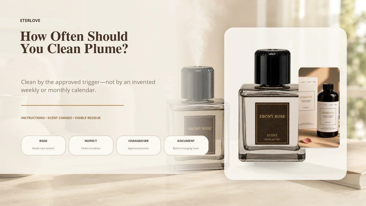 EterLove Plume Automatic Scent Diffuser and compatible refill with condition-based cleaning guidance