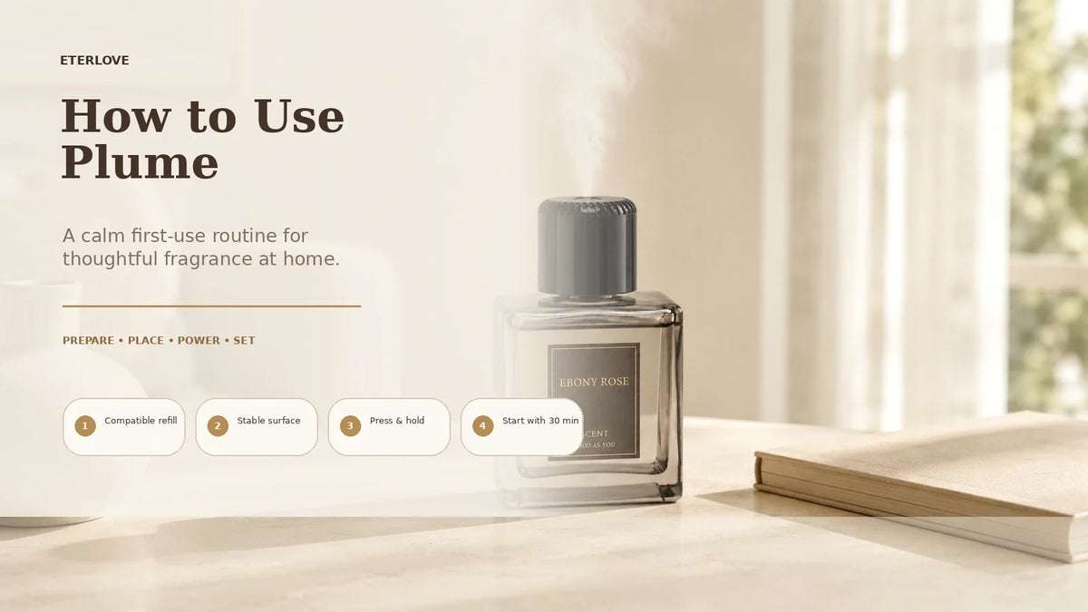 EterLove Plume Automatic Scent Diffuser first-use setup in a warm home interior
