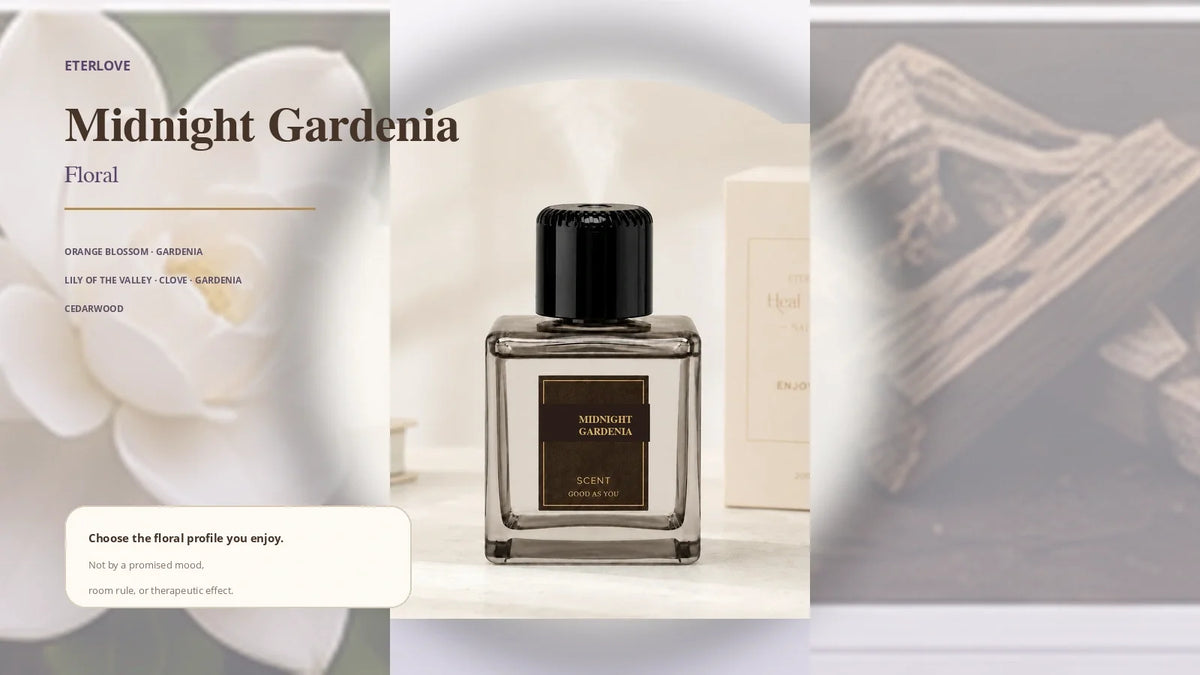 EterLove Midnight Gardenia Plume Automatic Scent Diffuser with orange blossom, gardenia, lily of the valley and cedarwood fragrance notes