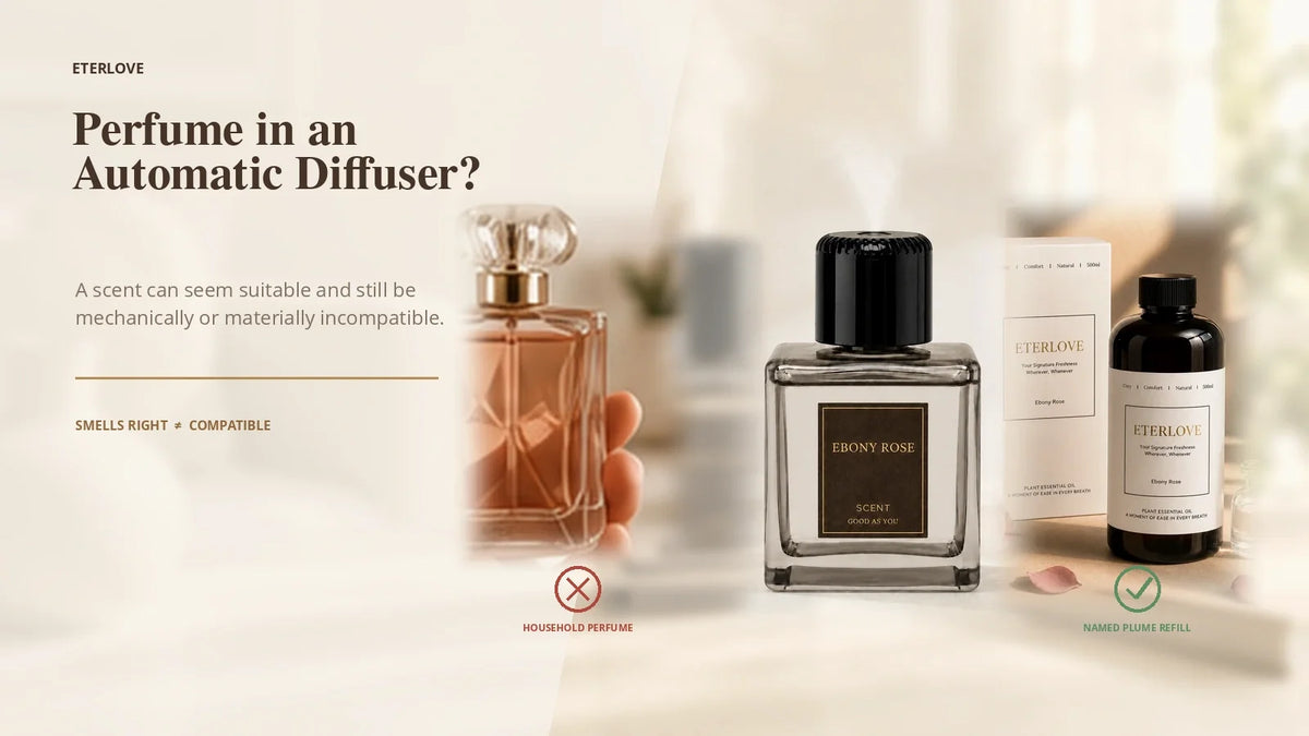 Household perfume compared with the compatible EterLove Plume refill for an automatic scent diffuser