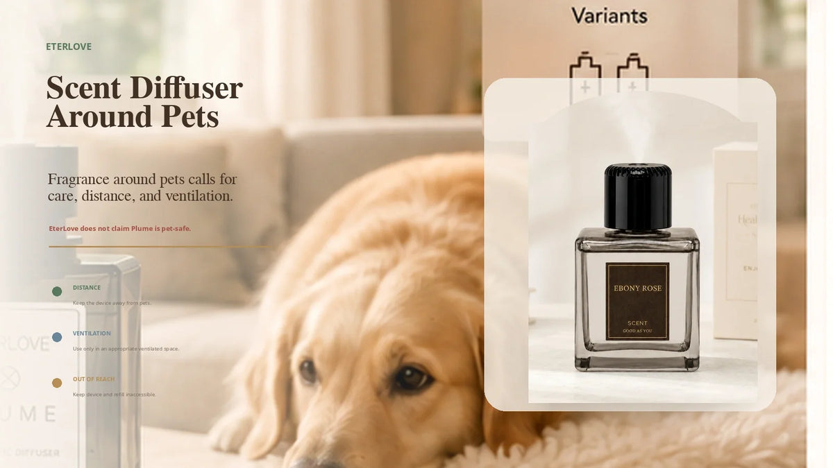 EterLove Plume Automatic Scent Diffuser used with distance, ventilation and inaccessible fragrance storage in a warm home with pets