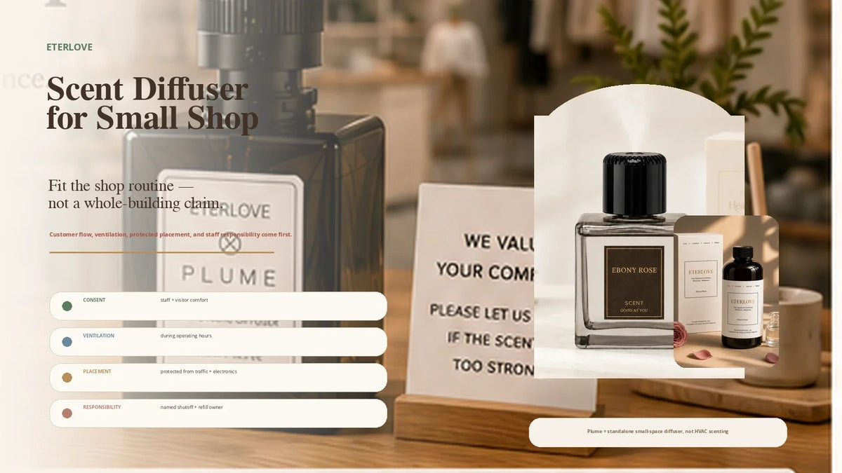 EterLove Plume Automatic Scent Diffuser in a small boutique shop with guidance on customer flow, ventilation, protected placement, staff consent and refill responsibility