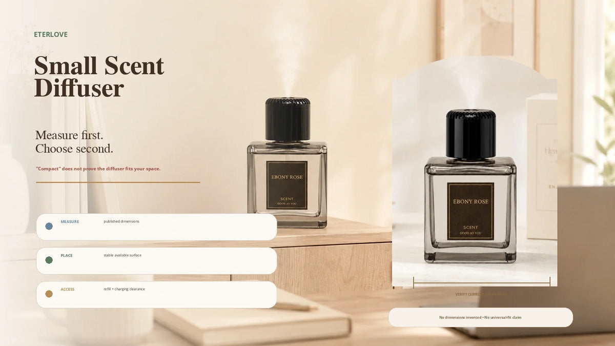 EterLove Plume Automatic Scent Diffuser in a compact home workspace with guidance to measure the available surface and verify current product dimensions before choosing a small scent diffuser