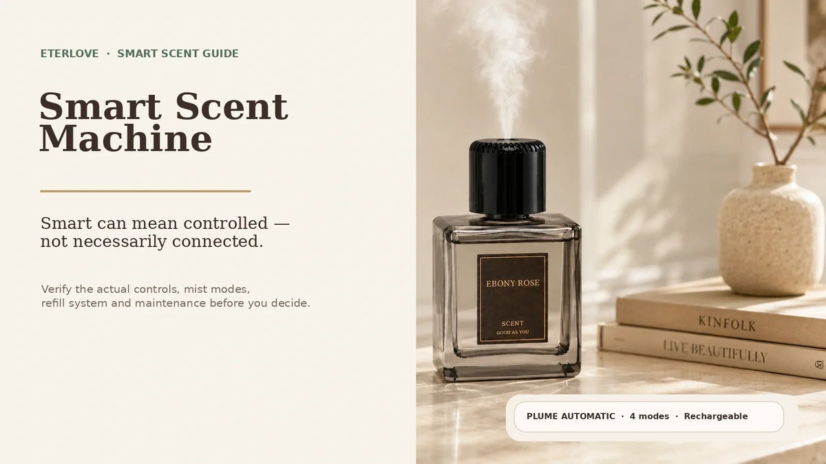 Smart scent machine guide featuring the EterLove Plume Automatic Scent Diffuser in a warm modern home interior.
