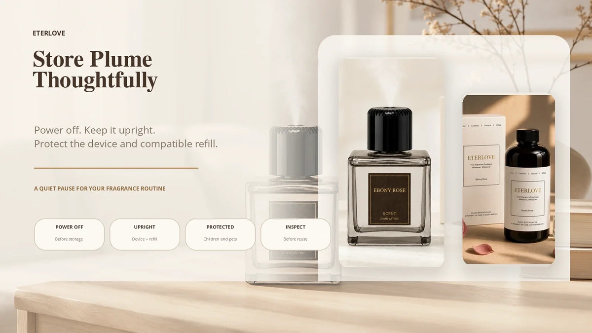 EterLove Plume Automatic Scent Diffuser and compatible refill stored upright in a protected home setting