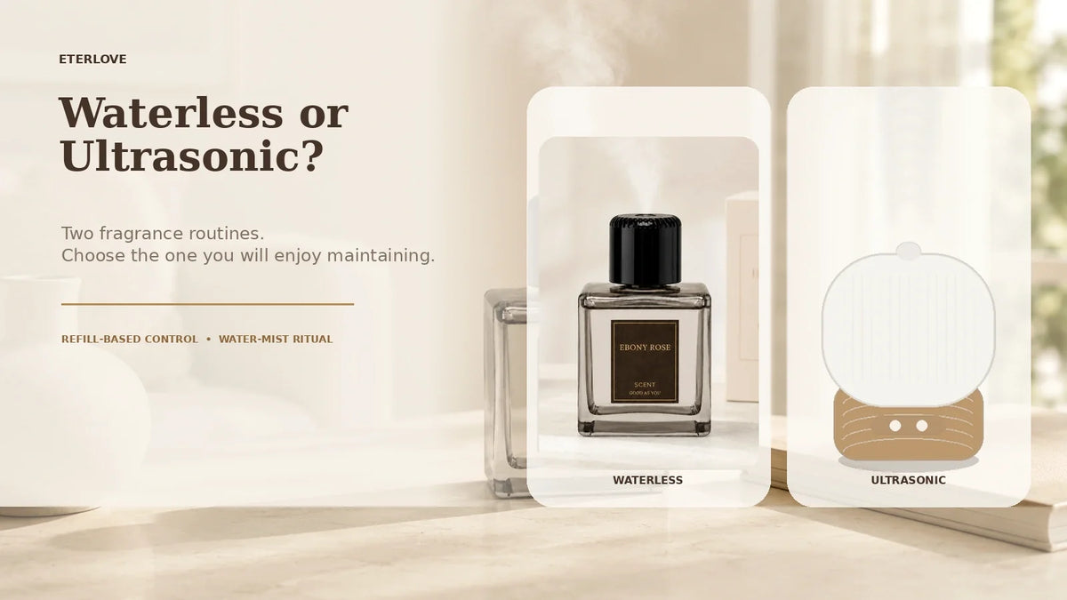 EterLove Plume waterless scent diffuser compared with an ultrasonic water-based diffuser