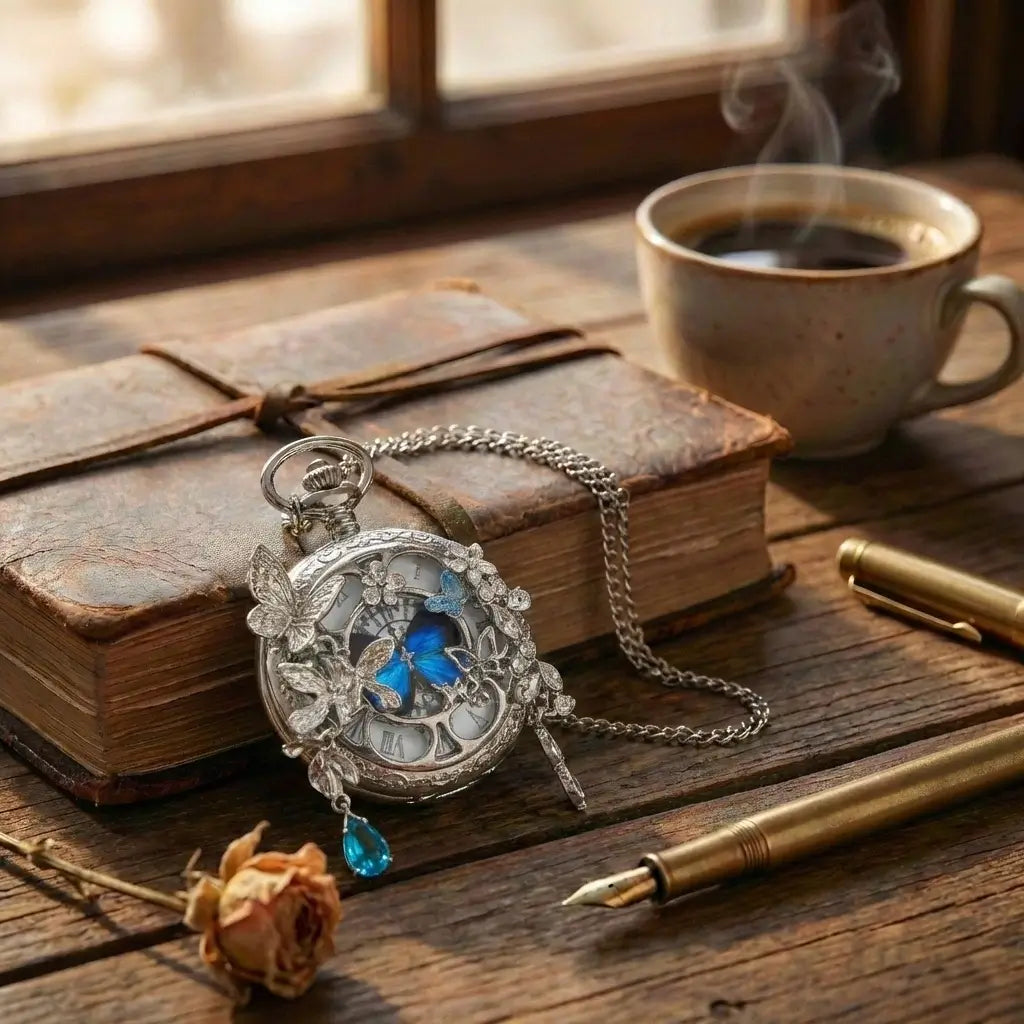 Eterlove™ | Butterfly in Time Clear Blue Pocket Watch Necklace