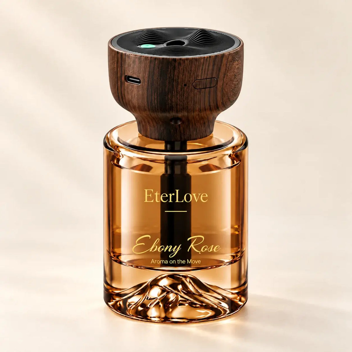 EterLove Ebony Rose automatic car scent diffuser in amber glass with wood-grain top