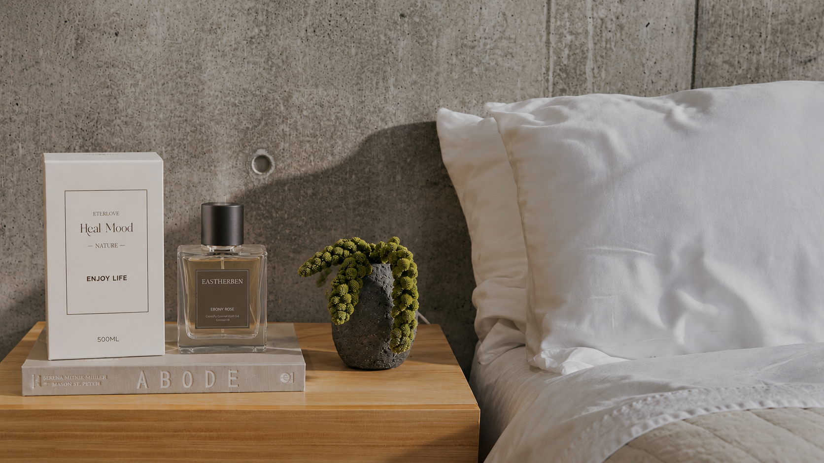 EterLove fragrance diffuser and packaging placed on a bedside table in a calm bedroom setting.