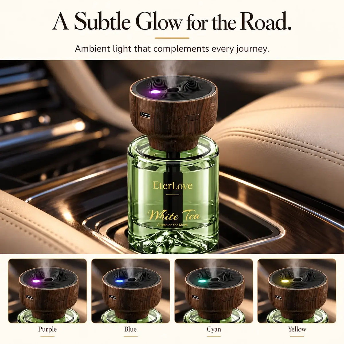 EterLove White Tea car scent diffuser with four RGB ambient light colors