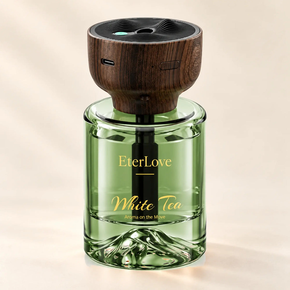 EterLove White Tea automatic car scent diffuser with green glass bottle