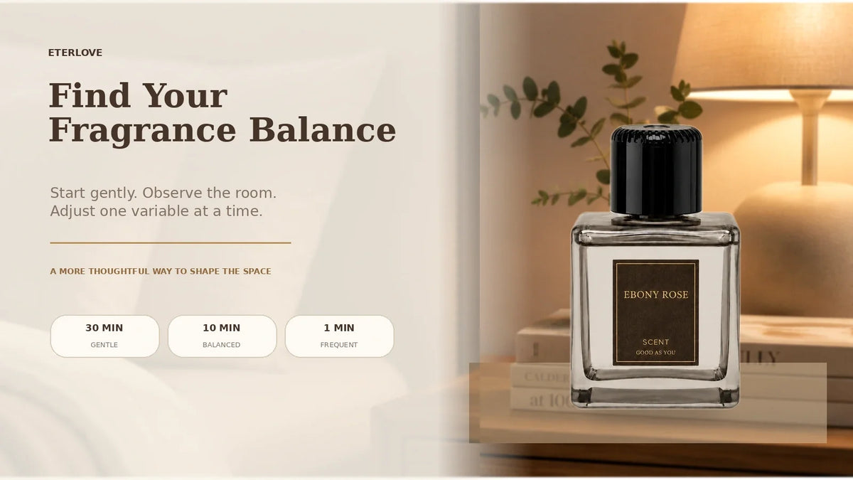 EterLove Plume Automatic Scent Diffuser with adjustable scent strength modes in a warm home interior
