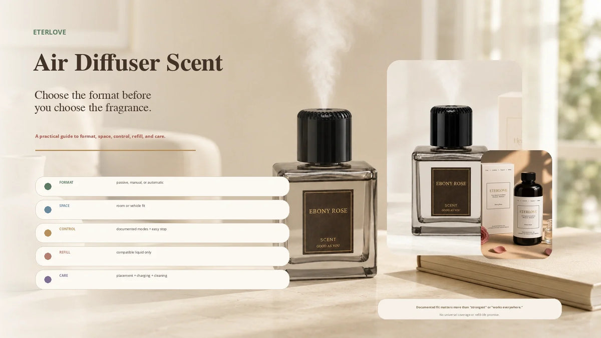 EterLove Plume Automatic Scent Diffuser with compatible fragrance refill in a warm home setting, illustrating how air diffuser scent choices depend on delivery format, space, controls, refill compatibility and care