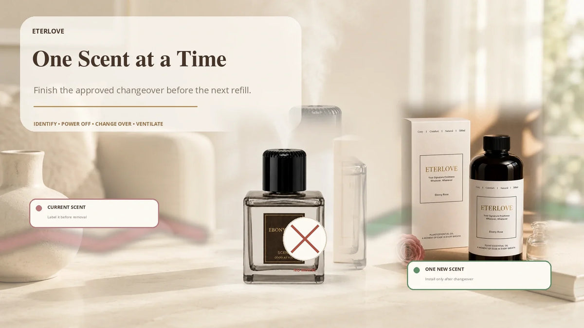 EterLove Plume diffuser and compatible 500 ml refill illustrating a one-scent-at-a-time changeover