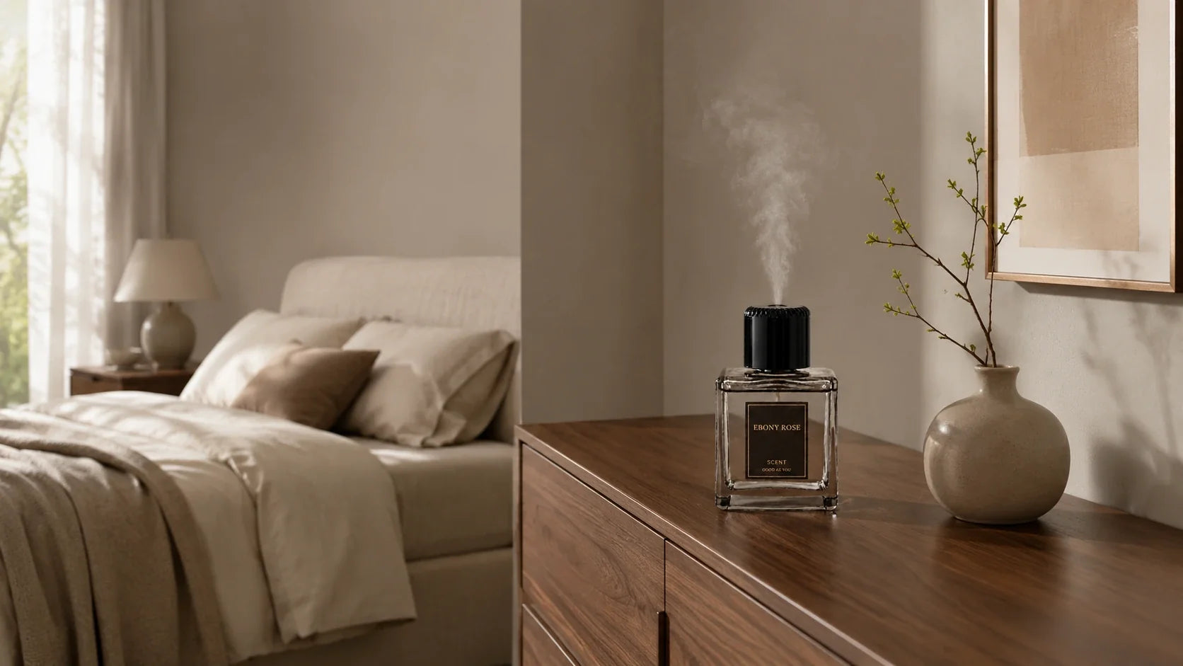 EterLove Plume scent diffuser placed on a stable bedroom dresser away from the bed