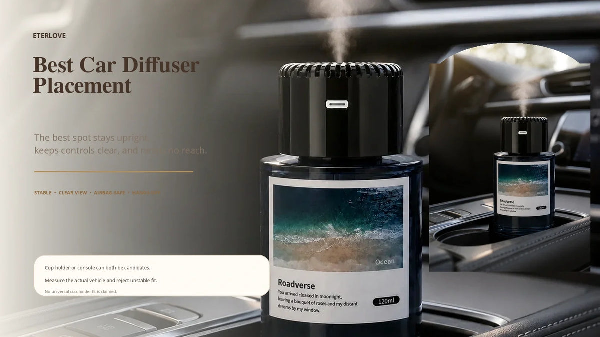EterLove Plume Car Scent Diffuser shown in a modern vehicle with guidance for stable upright placement and clear driver access