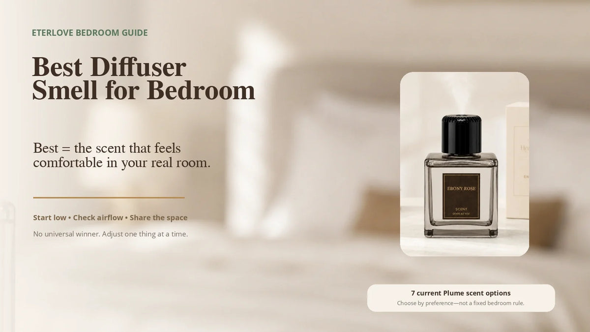Best diffuser smell for bedroom guide featuring the EterLove Plume Automatic Scent Diffuser in a warm neutral bedroom setting.