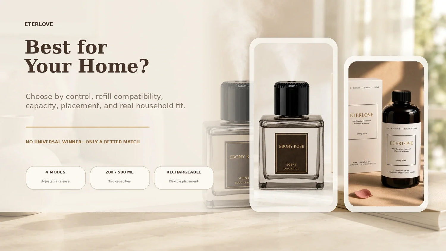 EterLove Plume Automatic Scent Diffuser and compatible refill in a warm home interior
