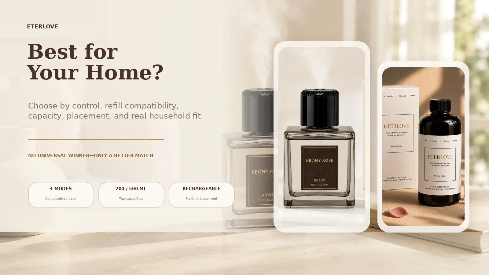 EterLove Plume Automatic Scent Diffuser and compatible refill in a warm home interior