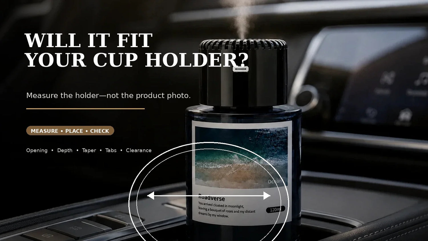 EterLove Plume Car 120ml scent diffuser with cup holder measurement guidance