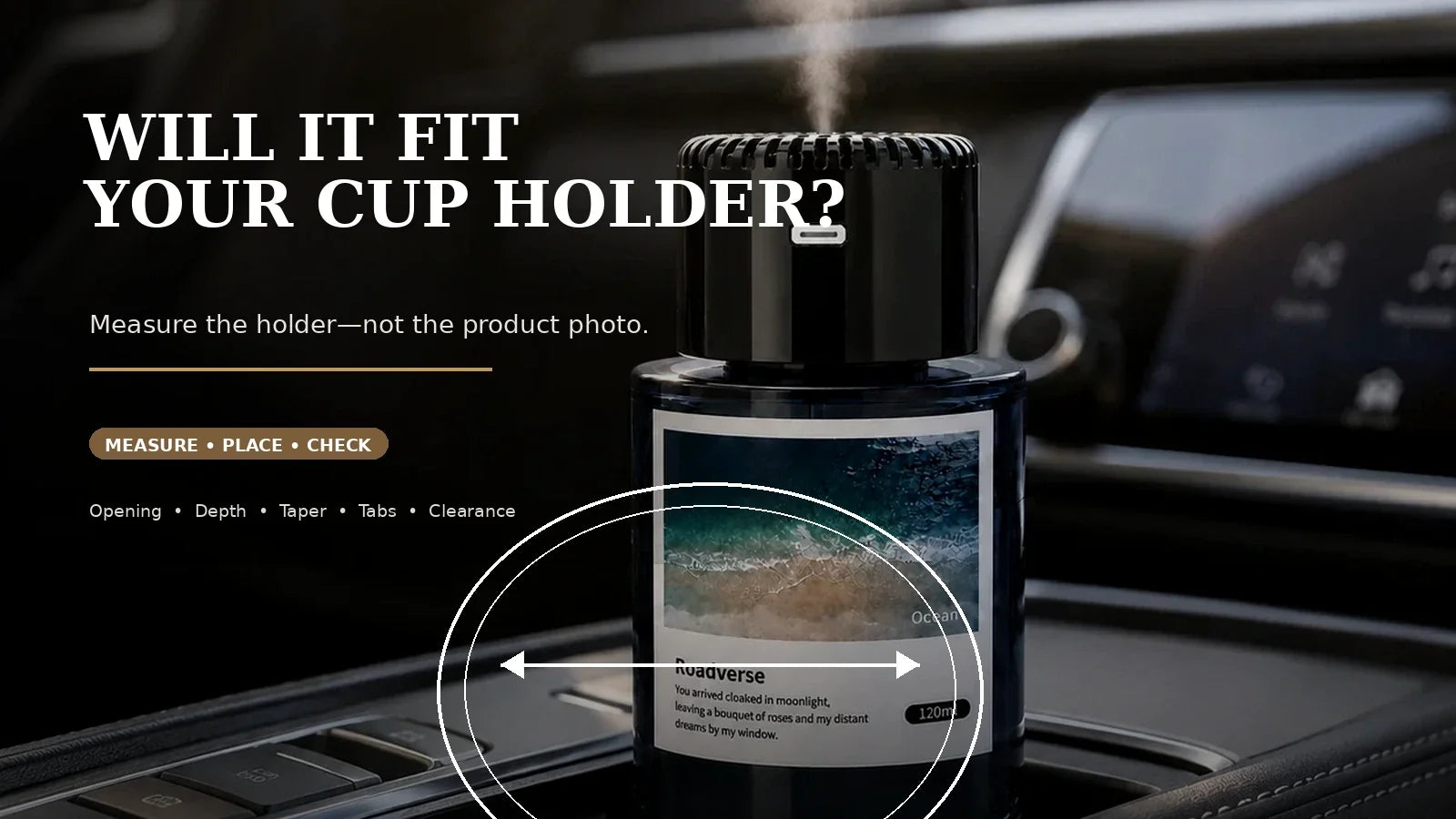 EterLove Plume Car 120ml scent diffuser with cup holder measurement guidance