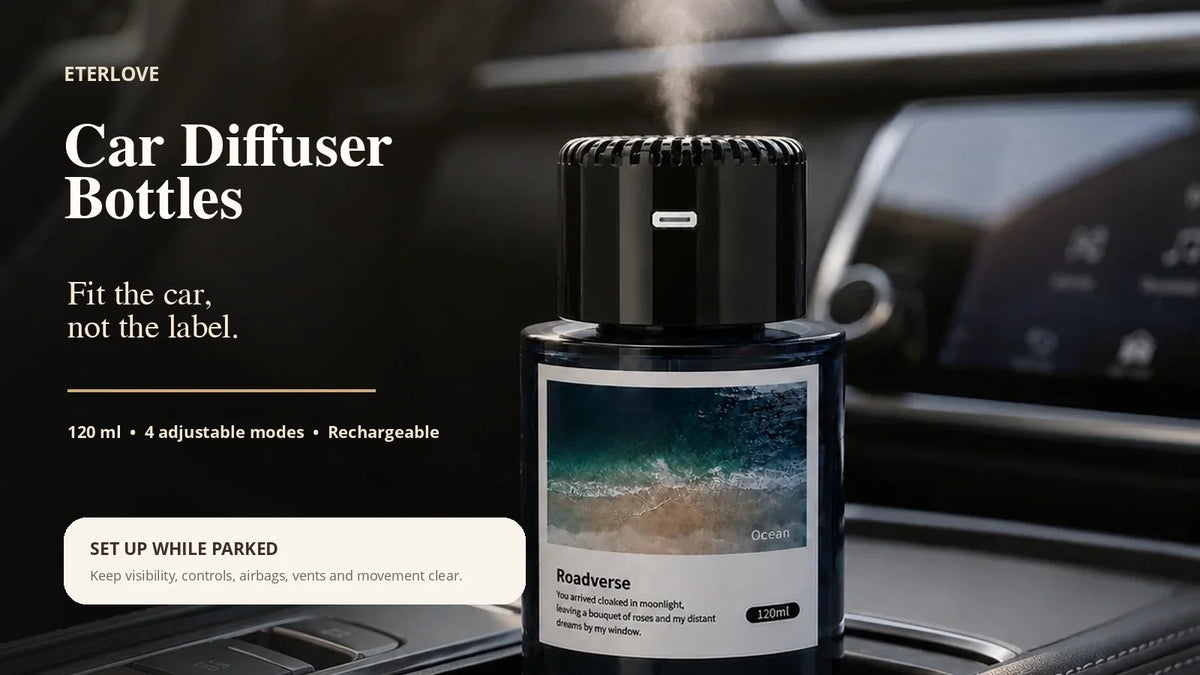 EterLove Plume Car Scent Diffuser in a premium car interior, highlighting vehicle fit, parked setup, adjustable scent control and secure placement