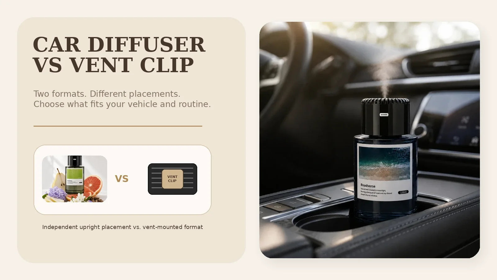 EterLove Plume Car 120ml automatic scent diffuser compared with a vent clip air freshener
