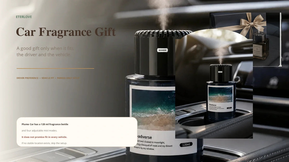EterLove Plume Car Scent Diffuser presented as a car fragrance gift with guidance to confirm driver preference and vehicle-specific placement