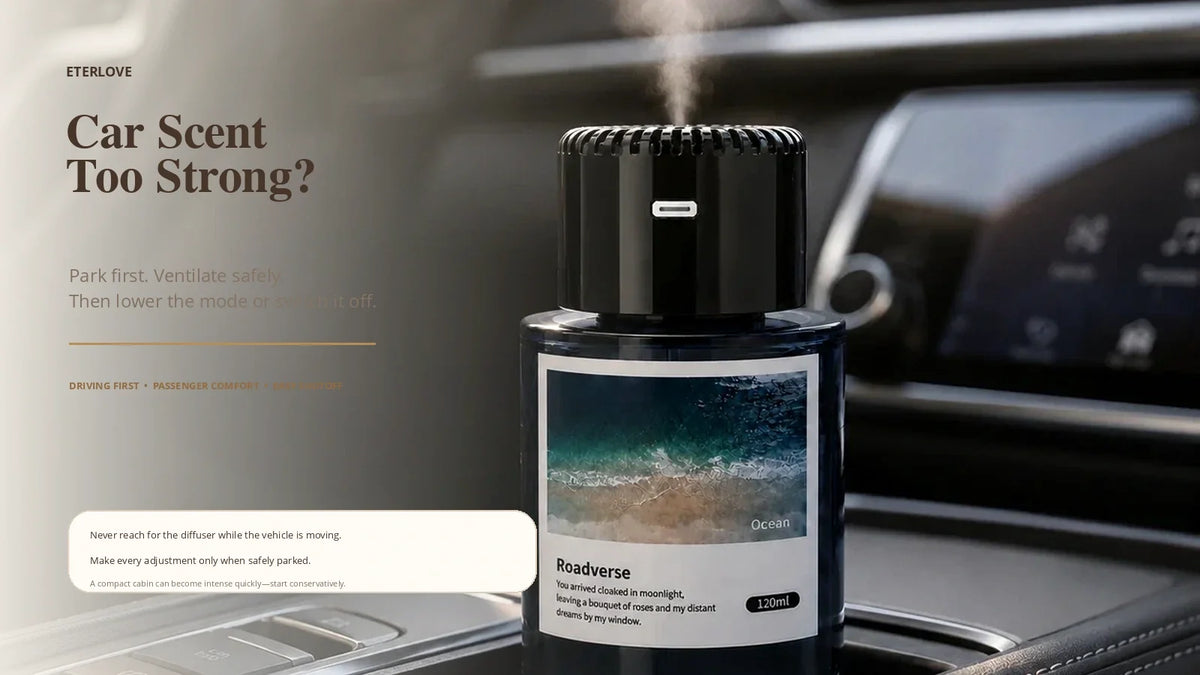 EterLove Plume Car Scent Diffuser in a modern vehicle cabin with guidance to park and ventilate before adjusting strong fragrance