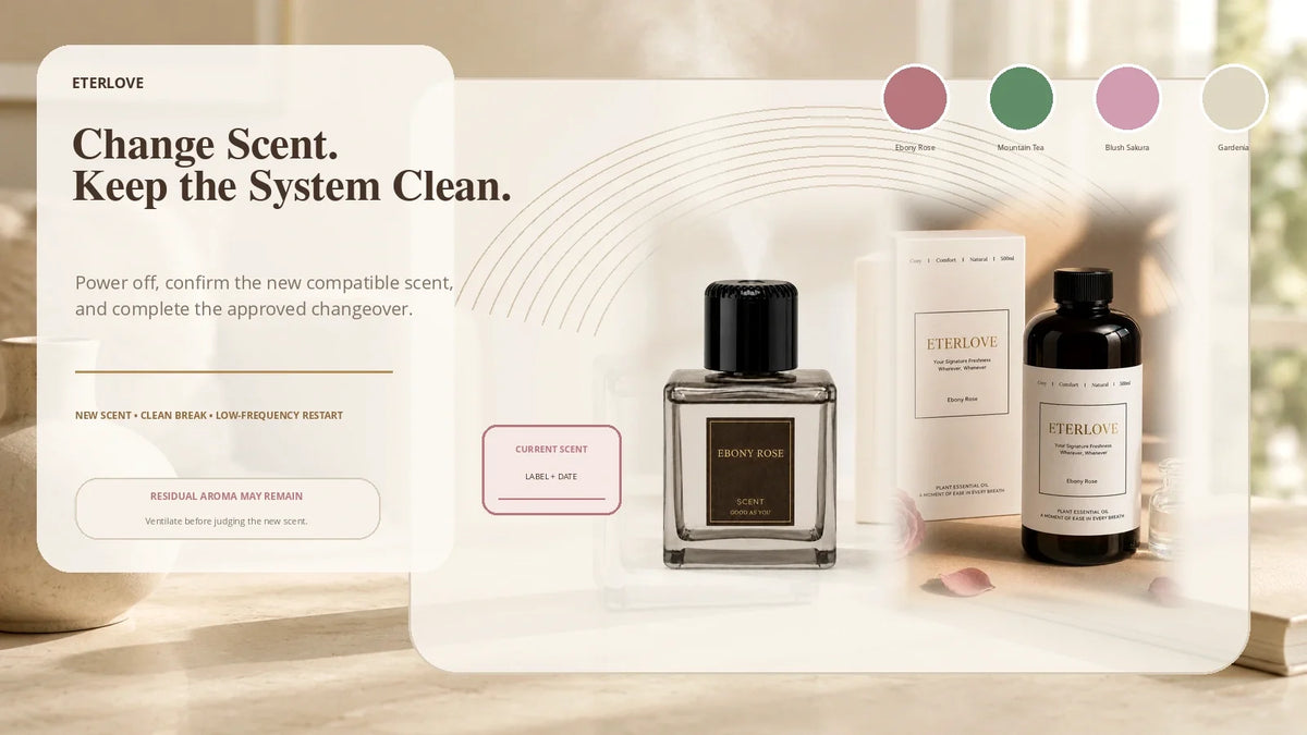 EterLove Plume diffuser and compatible 500 ml refill arranged for an approved fragrance changeover