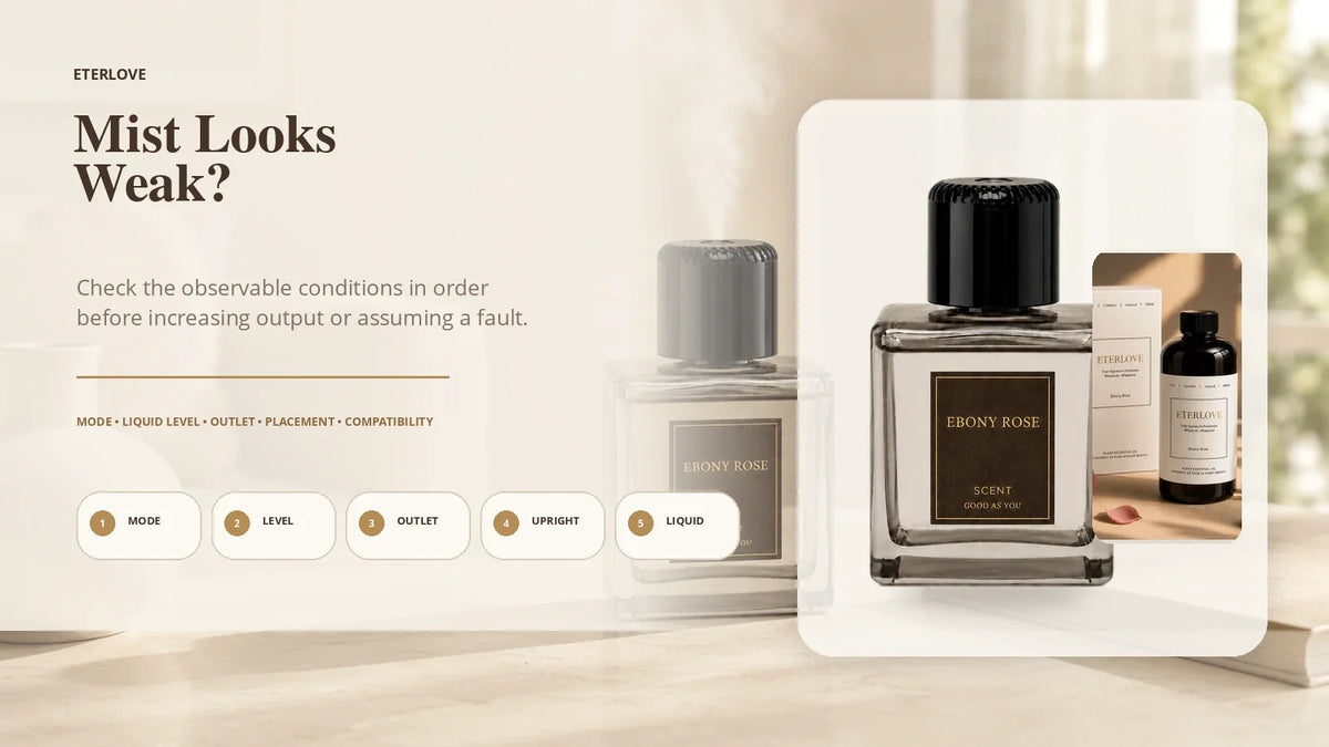 EterLove Plume Automatic Scent Diffuser with weak mist troubleshooting checks in a warm home interior